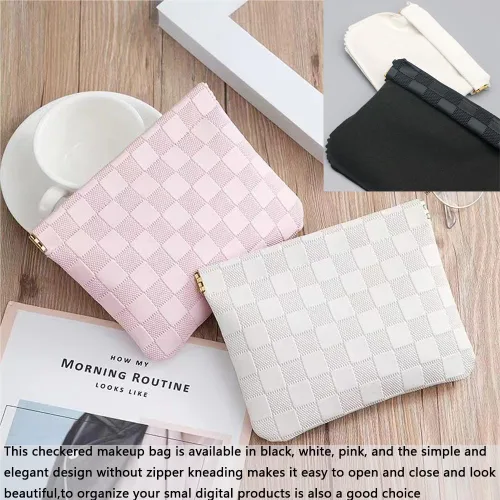 Miniatura 5 de Juego de 2 bolsas de maquillaje a cuadros, color negro, bolsa de cosméticos con bolsillo de cuero para bolso, bolsa de maquillaje pequeña