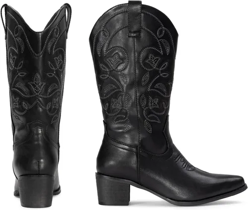 Miniatura 6 de IUV - Botas de cowboy para mujer, con punta puntiaguda, botas vaqueras occidentales para mujer, botas de vaquera a media pantorrilla