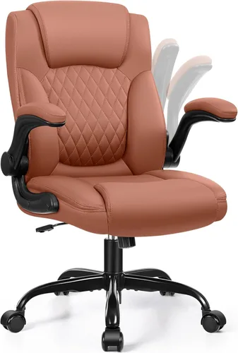Miniatura 8 de Silla de cuero PU con soporte ergonómico lumbar, gira 360°, pequeña, ruedas, reposabrazos ajustables, para gente chaparra, para escritorio, Marrón
