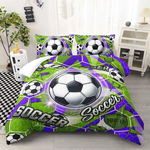 Miniatura 9 de AILONEN Football Themed Children's Double Three piece Bedding Set, Boys' Sports Printed Duvet Cover, Blue Orange Sports Blanket, 2 Pillowcases