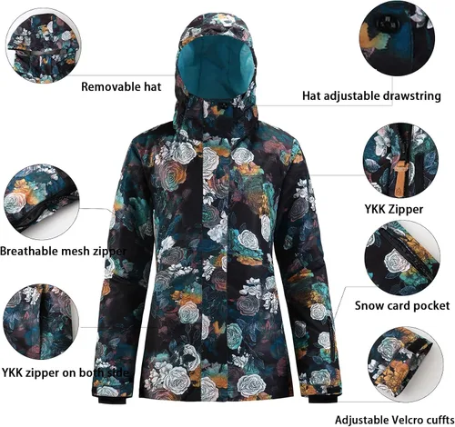 Miniatura 4 de Chaqueta de esquí para mujer, abrigo de nieve impermeable, resistente al viento, chaqueta de snowboard aislada, con capucha, invierno cálido