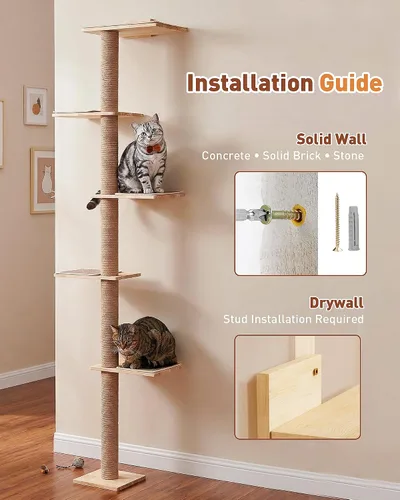 Miniatura 5 de Árbol para gatos de 80.3 pulgadas de alto para pared, árbol de gato de 5 niveles de piso a techo, árbol para gatos ajustable montado en la pared