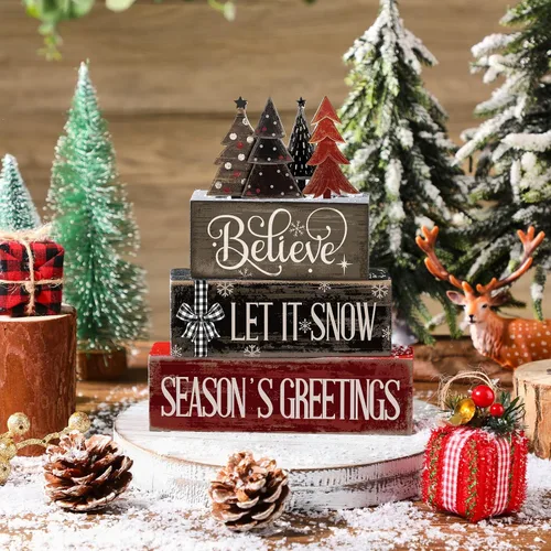 Miniatura 3 de Moucuny 4 piezas de decoración de mesa de Navidad, centro de mesa de árbol de Navidad, decoración rústica de bloque de árbol, decoración de bandeja