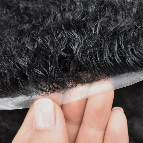 Miniatura 7 de Afro Curl Toupee para hombres unidades de cabello humano real para hombres negros inyectados PU tupé afroamericano para hombre postizo de pelo