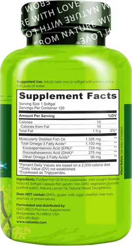 Miniatura 5 de NATURELO Suplemento de aceite de pescado omega 3 sin eructos, 1100 mg de triglicérido omega-3, EPA + DHA, aceite de pescado líquido para corazón