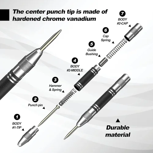 Miniatura 3 de Paquete de 2 perforadores centrales automáticos, de acero resistente de 5 pulgadas, con resorte central con herramienta de perforación de tensión