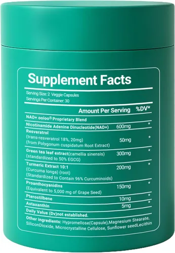 Miniatura 7 de ooioo Suplemento liposomal NAD+ - Suplemento de resveratrol NAD+ para mujeres y hombres - Apoyo energético y bienestar general - Sin OMG, cápsulas