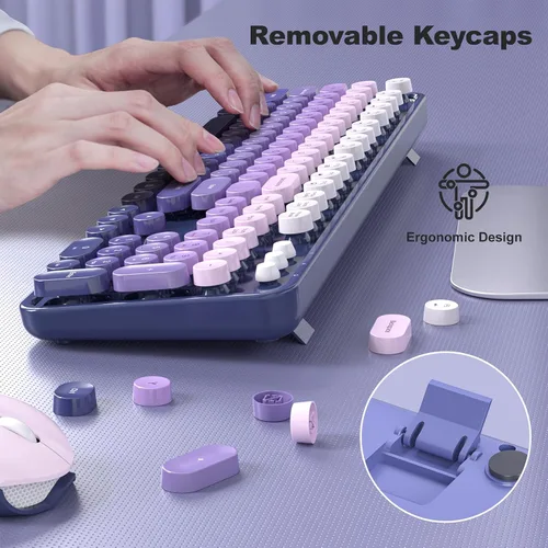 Miniatura 86 de KNOWSQT Combo de teclado y ratón inalámbrico, teclados lindos de tamaño completo estilo máquina de escribir 2.4G azul colorido - receptor USB Plug