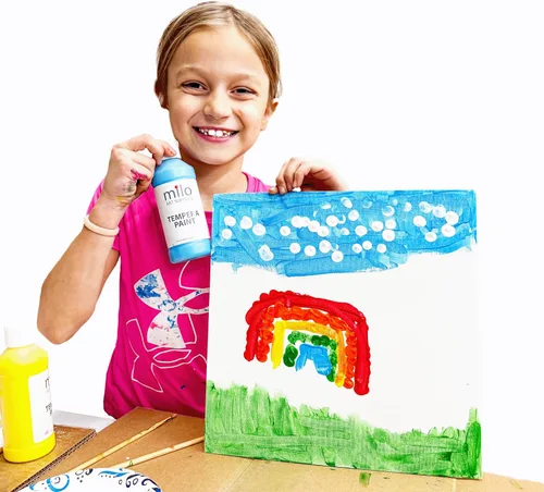 Miniatura 7 de milo Pintura lavable Témpera nacarada brillante Juego de 8 colores de botellas de 8 onzas Fabricado en los Estados Unidos Pinturas de póster