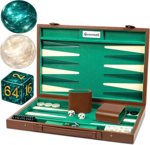 Juego de backgammon premium de 15 pulgadas para adultos – Tablero clásico de backgammon de gamuza sintética con 32 fichas, vasos para dados y cubo