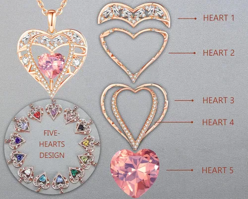 Miniatura 59 de Collar de cristal de 5 corazones, chapado en oro rosa de 18 quilates, colgante con cadena de plata de ley 925 de 18 + 2 pulgadas, joyería de piedra