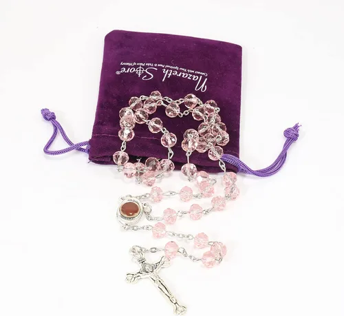 Miniatura 2 de Nazareth Store Rosa claro Cuentas de cristal Rosario Collar católico Medalla del Suelo Santo y Crucifijo Marca Bolsa de terciopelo