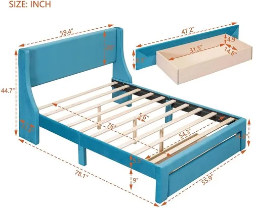 Miniatura 2 de Anwick Base de cama de terciopelo de tamaño matrimonial con cajón de almacenamiento, cama moderna tapizada con cabecera y listones de madera maciza
