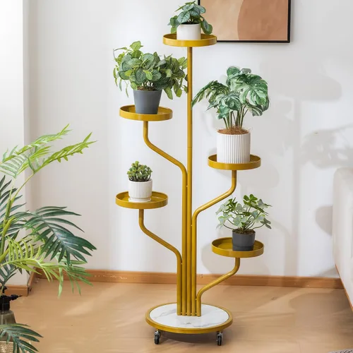 Miniatura 2 de CHPHI Soporte para plantas de hierro forjado de 4 niveles para interiores, estante alto de metal para múltiples plantas, soporte de metal con ruedas