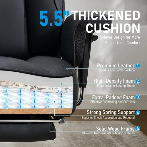 Miniatura 6 de Silla de oficina grande y alta, silla reclinable ergonómica de cuero con reposapiés, cómodas sillas de escritorio ejecutivas para computadora