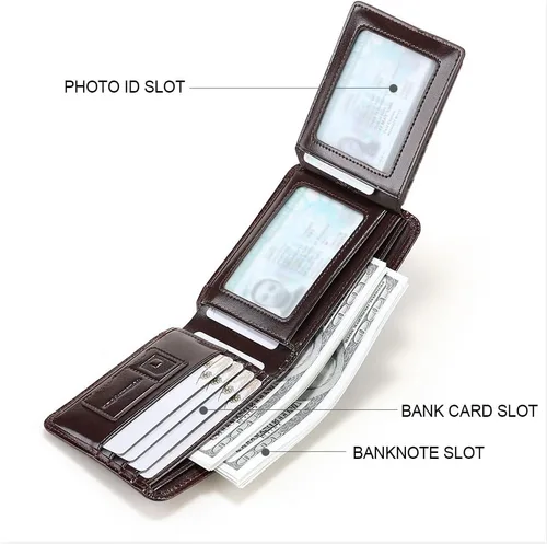 Miniatura 29 de Billetera de piel triple con bloqueo RFID para hombre con 2 ventanas de identificación, 2 compartimentos para efectivo, 6-8 ranuras para tarjetas