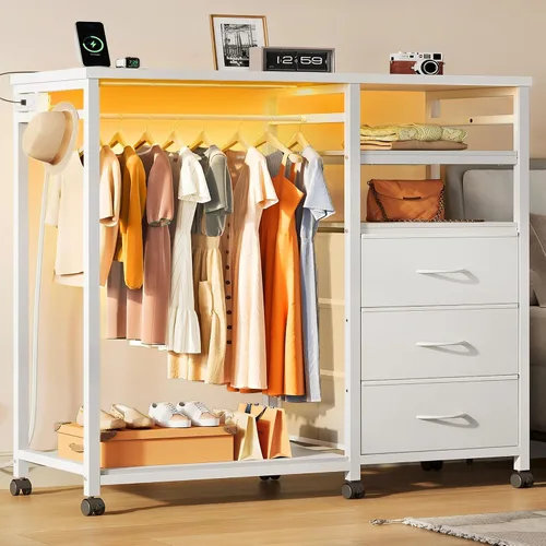 Miniatura 11 de WLIVE Cómoda negra con estante colgante para dormitorio, cómoda de 3 cajones con luces LED y estación de carga, cómoda de tela y cómoda, organizador