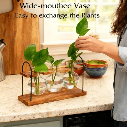 Miniatura 2 de Terrario para plantas con soporte de madera, el mejor regalo para los amantes de las plantas, estación de propagación con bombillas de vidrio retro