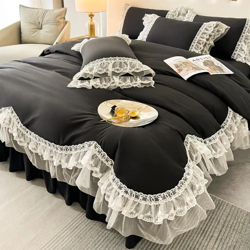 Miniatura 5 de MOOWOO Chic - Juego de funda de edredón de poliéster y encaje con volantes, ropa de cama negra para niña, funda de edredón de 2 piezas con cierre