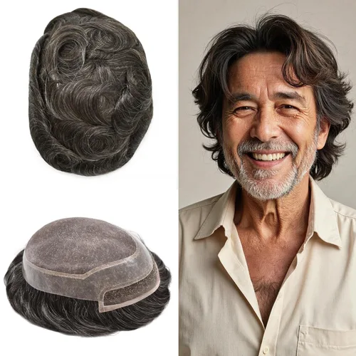 Miniatura 26 de LYRICAL HAIR Sistema de pieza de pelo tipo tupé para hombre, pieza de cabello de poliuretano alrededor de la unidad de cabello para hombres, 5 x 7