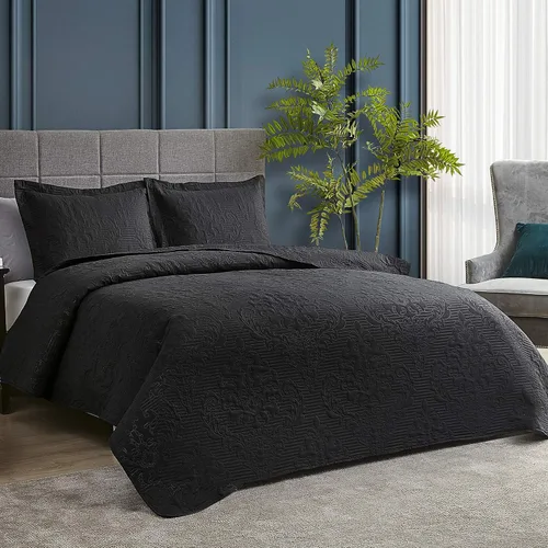 Miniatura 2 de Hansleep - Edredón negro tamaño King – Colcha ultrasónica con diseño damasco para todas las estaciones, juego de ropa de cama suave y ligero, 3
