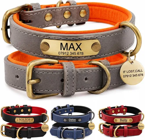 Miniatura 14 de Collar de cuero para perro personalizado y juego de correa, personalizado con diseño acolchado suave y resistente con placa de nombre grabada
