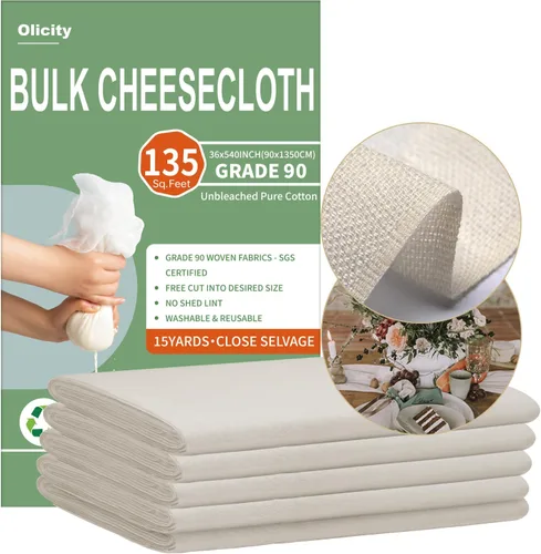 Miniatura 14 de Olicity - Paños de muselina para queso de grado 90, 27 pies cuadrados, paño de queso reutilizable con bordes cerrados de algodón sin blanquear