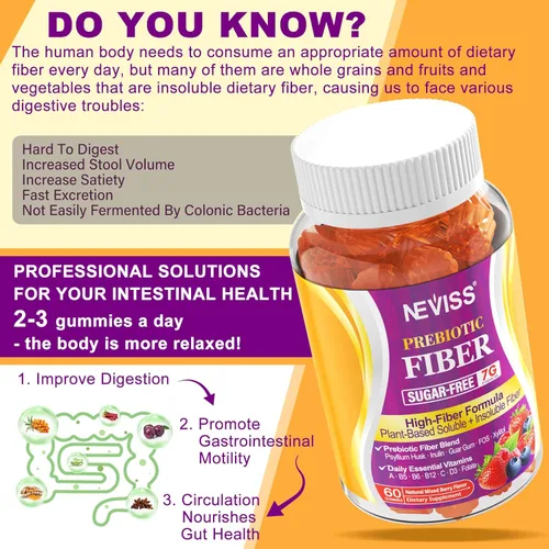 Miniatura 3 de 1 Paquete de Gomitas de Fibra para Adultos con Cáscara de Psyllium, 7G (Fibra Prebiótica Soluble + Insoluble) Diaria con Inulina, FOS, Goma de Guar