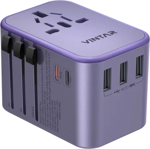 Miniatura 18 de VINTAR - Adaptador de viaje universal, adaptador de corriente internacional con 6A, 3 USB C y 2 puertos USB, adaptador de enchufe esencial de viaje
