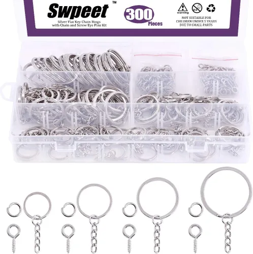 Miniatura 11 de Swpeet Juego de 450 llaveros planos negros de 4/5 pulgadas de 0.787 in, incluye 150 llaveros divididos con cadena y 150 anillos de salto con 150