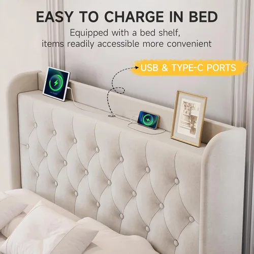 Miniatura 3 de koorlian Marco de cama tamaño completo, marco de cama completa con cabecero, marco de cama tapizado de terciopelo ajustable con puerto tipo C y USB