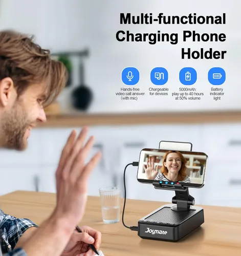 Miniatura 2 de Regalos para hombres y mujeres, soporte para teléfono con altavoz Bluetooth y función de carga, ángulo rotatorio de 360° ajustable, soporte