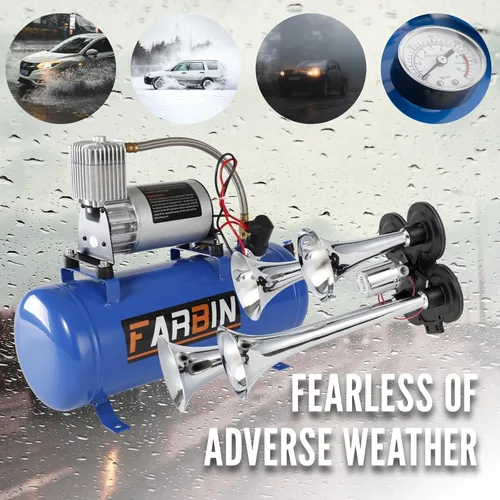 Miniatura 5 de FARBIN - Bocina de tren para camión, 178 dB, superpotente, con 4 trompetas, incluye compresor de aire 12 V de 150 PSI y tanque de 6 l (1.6 gal)