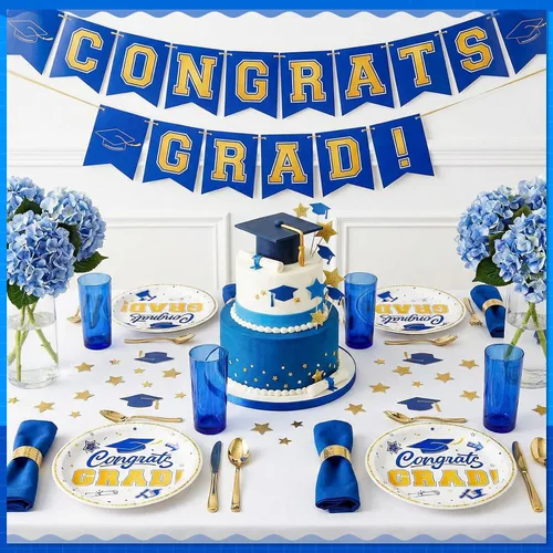 Miniatura 6 de Sabary 100 platos de postre de papel de graduación 2026, color azul y blanco, suministros para fiestas de graduación de 7 pulgadas, platos