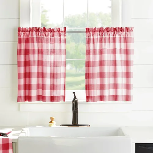 Miniatura 10 de Elrene Home Fashions Farmhouse Living Buffalo-Check Juego de cortinas de dos niveles para baño o cocina, 30" x 24" (Juego de 2 niveles), Gris/Blanco