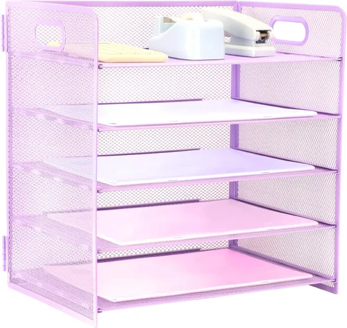 Miniatura 9 de Organizador de 3 niveles con asa, organizador de archivos de escritorio de malla metálica con bandejas deslizantes, escritorio clasificador de papel