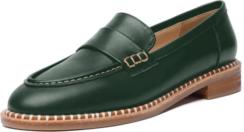 Miniatura 14 de FOGEENA Mocasines de cuero mate para mujer, estilo casual, sin cordones, punta redonda, tacón bajo grueso, zapatos de vestir de 1 pulgada