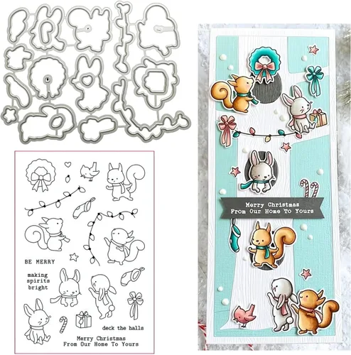Juego de sellos y troqueles de silicona transparente de conejo de ardilla para hacer tarjetas, troqueles de corte de metal para álbumes de recortes,