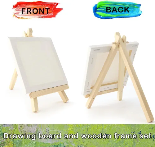 Miniatura 2 de Juego de 4 mini lienzos para pintar con caballete, paneles de lienzo blanco estirados de 4 x 4 pulgadas, caballetes de madera para adultos y niños