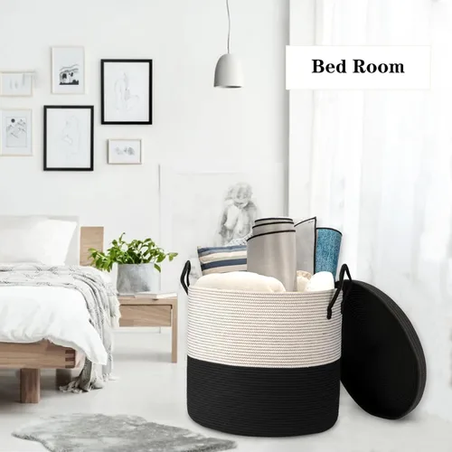Miniatura 5 de Cestas de almacenamiento extra grandes de 21 x 18 pulgadas, cestas de cuerda ecológicas con tapa, cesta de manta para sala de estar con tapa, cestas