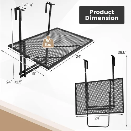 Miniatura 7 de Giantex Mesa colgante plegable para exteriores con 5 niveles de altura, revestimiento antioxidante, se adapta a barandillas de 1.4 a 4 pulgadas