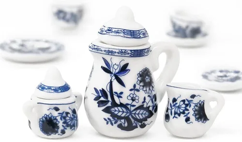 Miniatura 3 de Odoria Juego de té de porcelana en miniatura 1/12, 15 piezas, accesorios de decoración de casa de muñecas, loto azul
