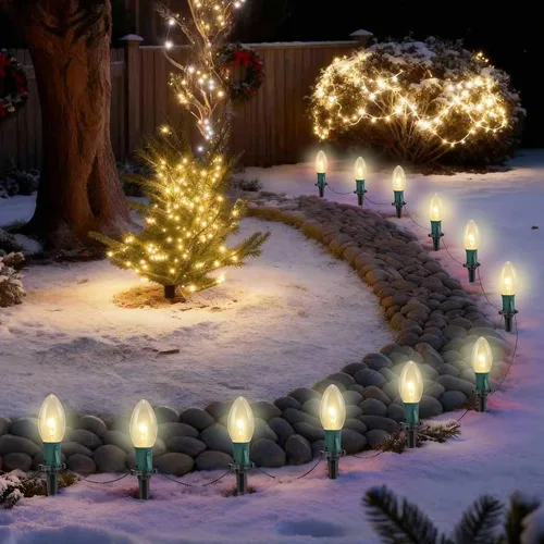 Miniatura 15 de Luces de camino de Navidad Jumbo C9 para exteriores, luces de Navidad jumbo de 7 pies con estacas de marcador de camino y 4 bombillas LED