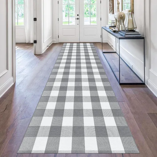 Miniatura 47 de Alfombra de Exterior de Cuadros Buffalo 2x3 pies, Alfombra Tejida de Algodón Negro y Blanco Roto, Tapetes para Puerta de Porche Frontal, Alfombra