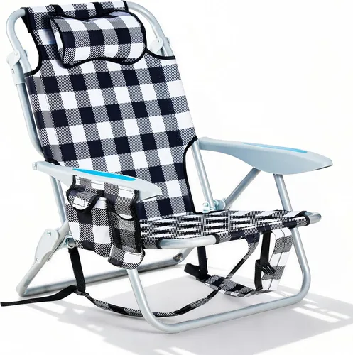 Miniatura 12 de Silla de playa tipo mochila para adultos, silla de camping plegable portátil con 5 posiciones reclinable, reposacabezas, portavasos y bolsa