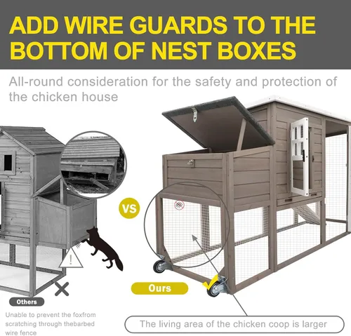 Miniatura 7 de Gowoodhut Gallinero de madera maciza con jaula grande de 2 pisos, techo de asfalto, caja nido, ruedas de PU, perca de pollo con poste Techo