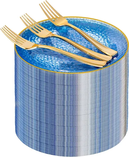 Miniatura 15 de DaYammi 240 platos de plástico negro que incluyen 120 platos de postre negros y 120 tenedores dorados, plato de fiesta martillado, platos