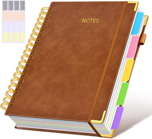 Miniatura 10 de Cuaderno universitario de espiral con tapa dura de cuero de 8 x 10 pulgadas, con pestañas separadoras extraíbles, para 5 materias, a rayas; diario