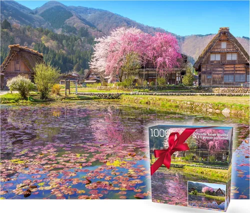 Miniatura 10 de Rompecabezas de 1000 piezas para adultos – Escena otoñal de molino de grano con cascadas, caja lista para regalo, letras en la parte posterior, Un