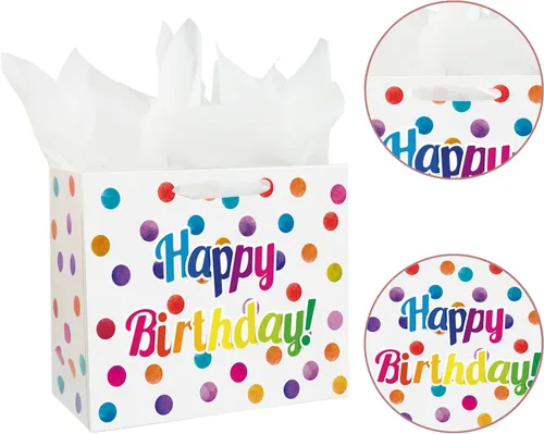 Miniatura 3 de Bolsa de regalo de cumpleaños grande de 13 pulgadas con tarjetas y papeles de seda para niños con asas (puntos)